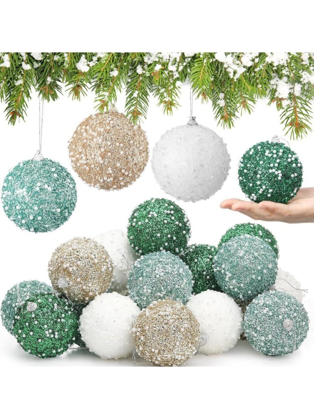 24 Pcs 3.15" Christmas Ornaments - White, Champagne Gold, Lake Blue, Green Balls